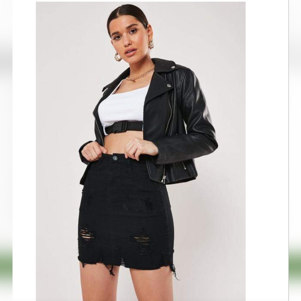 Missguided Black Denim Distressed Mini Skirt